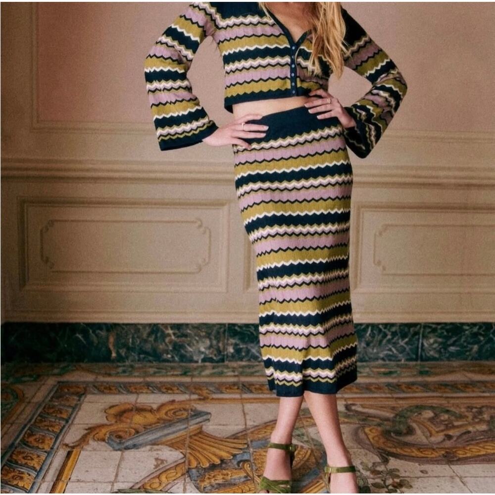 Sezane Parniane Striped Chevron Multicolor Limited Edition Crochet Knit Skirt XS